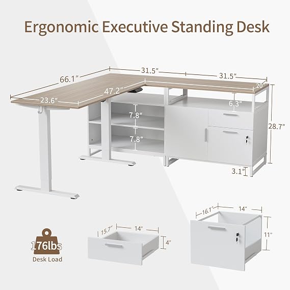 Cubiker 63 L Shaped Standing Desk with Storage, Executive Height Adjustable Table with Drawers, Light Walnut