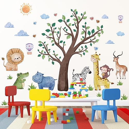 Miniatura 4 de Suplanet Calcomanías de pared de animales de selva, safari, selva, árbol, león, jirafa, hipopótamo, mono, cocodrilo, ciervo, cebra, pájaro, globo