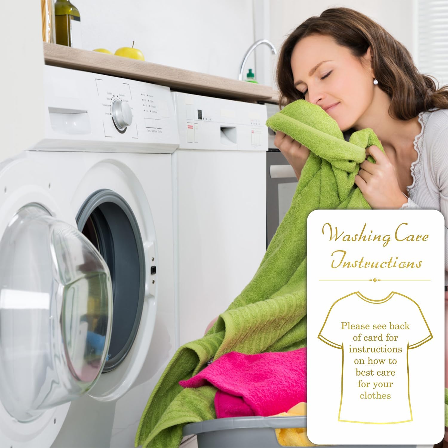 Image of a washing care instruction card next to a washing machine with clothes.