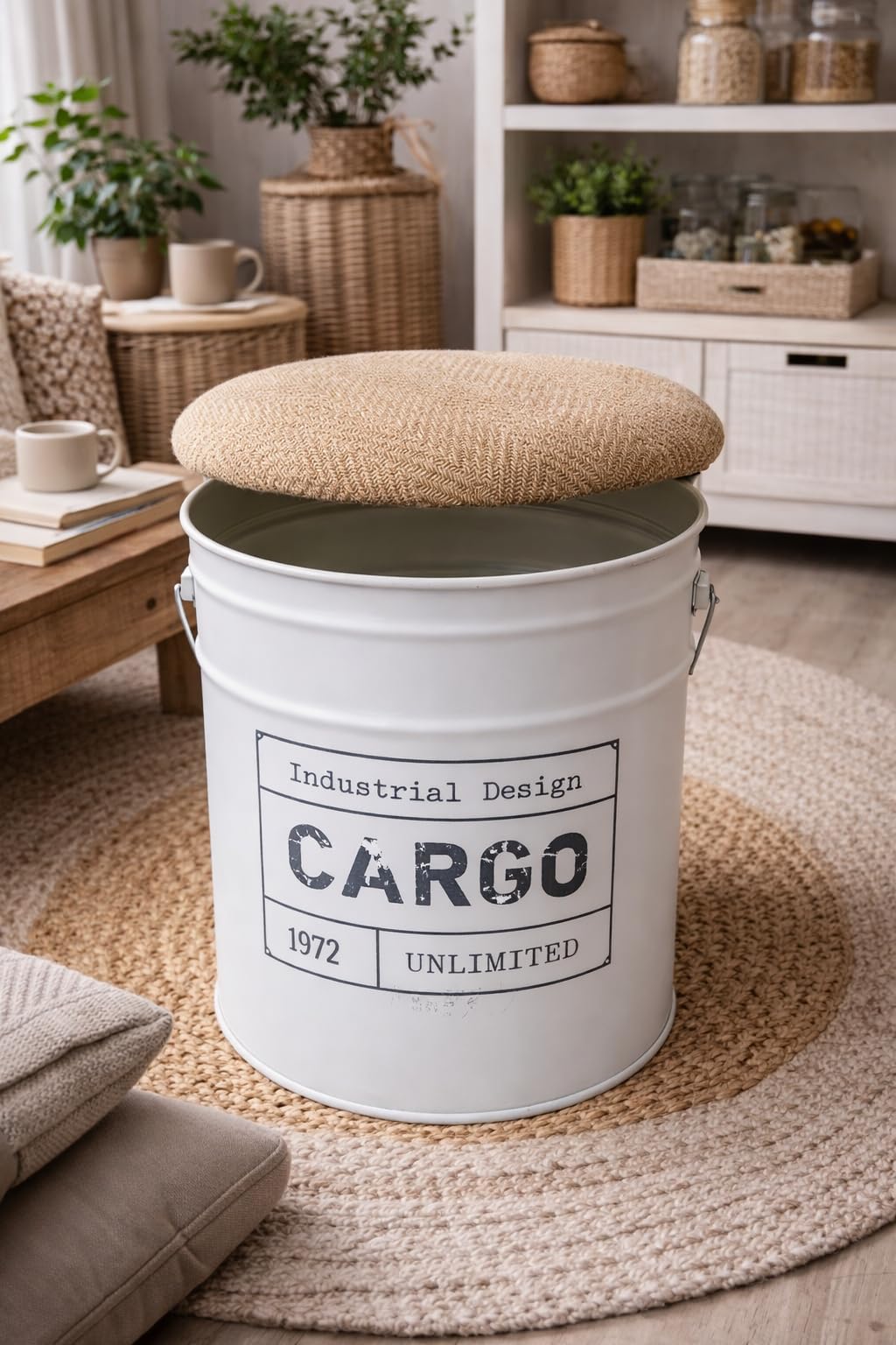 Sgabello Pouf contenitore in stile industriale 31x40 cm,Bianco, Sgabello decorativo in metallo camera da letto e soggiorno, Coperchio/seduta Morbida(FIL 61125 Bianco)