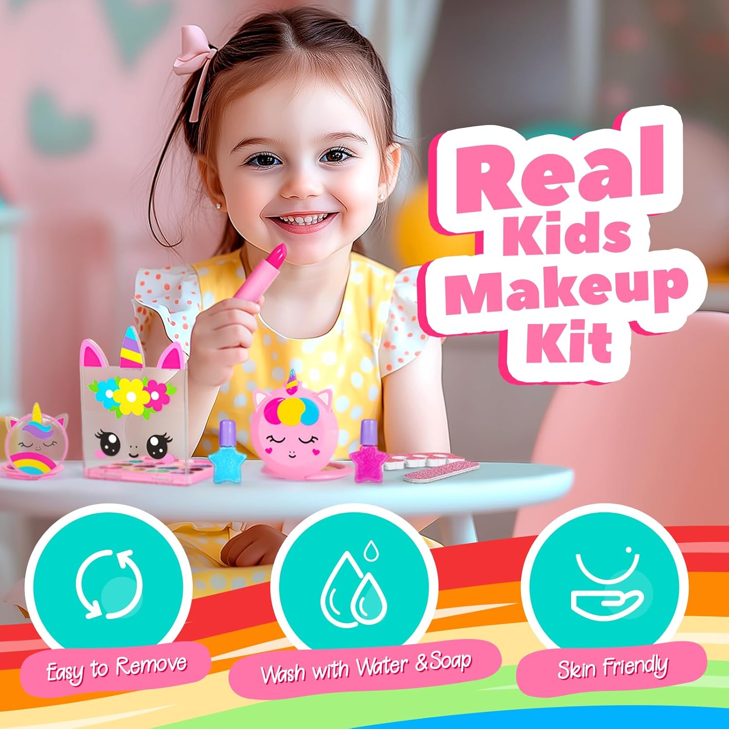 ULOVEME Kids Real Makeup Kit for Little Girls - Real, Non Toxic, Washable Make Up Toy - Umicorn Toys Gift for 3 4 5 6 7 8 9 10 12 Years Old Girls Birthday (Heart Shaped Pink Purse) - Image 2