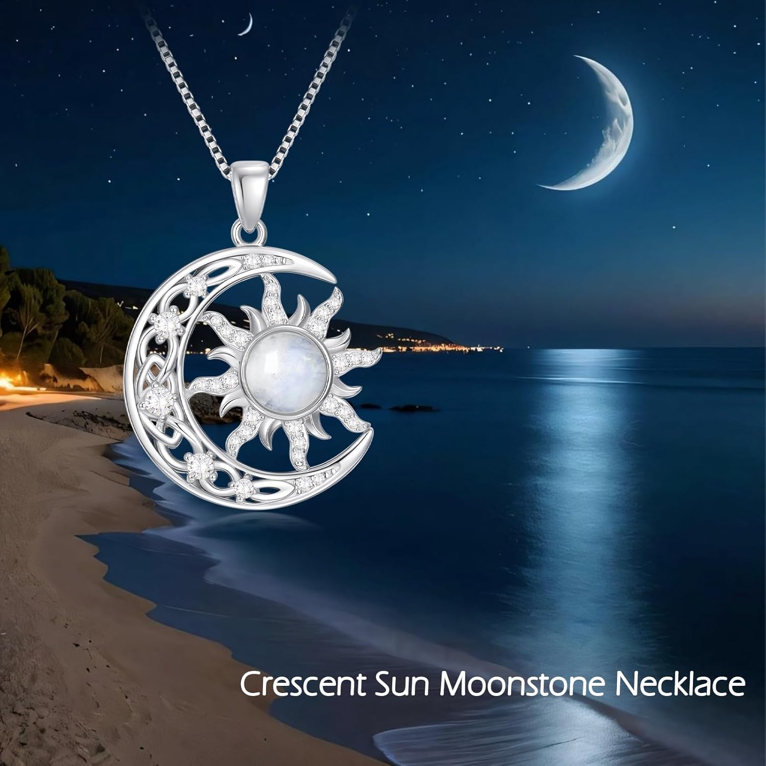 Celtic Knot Crescent Moon and Sun Necklace, 925 Sterling Silver Natural Moonstone Pendant, Mystical Celestial Jewelry Gift for Women - Image 6