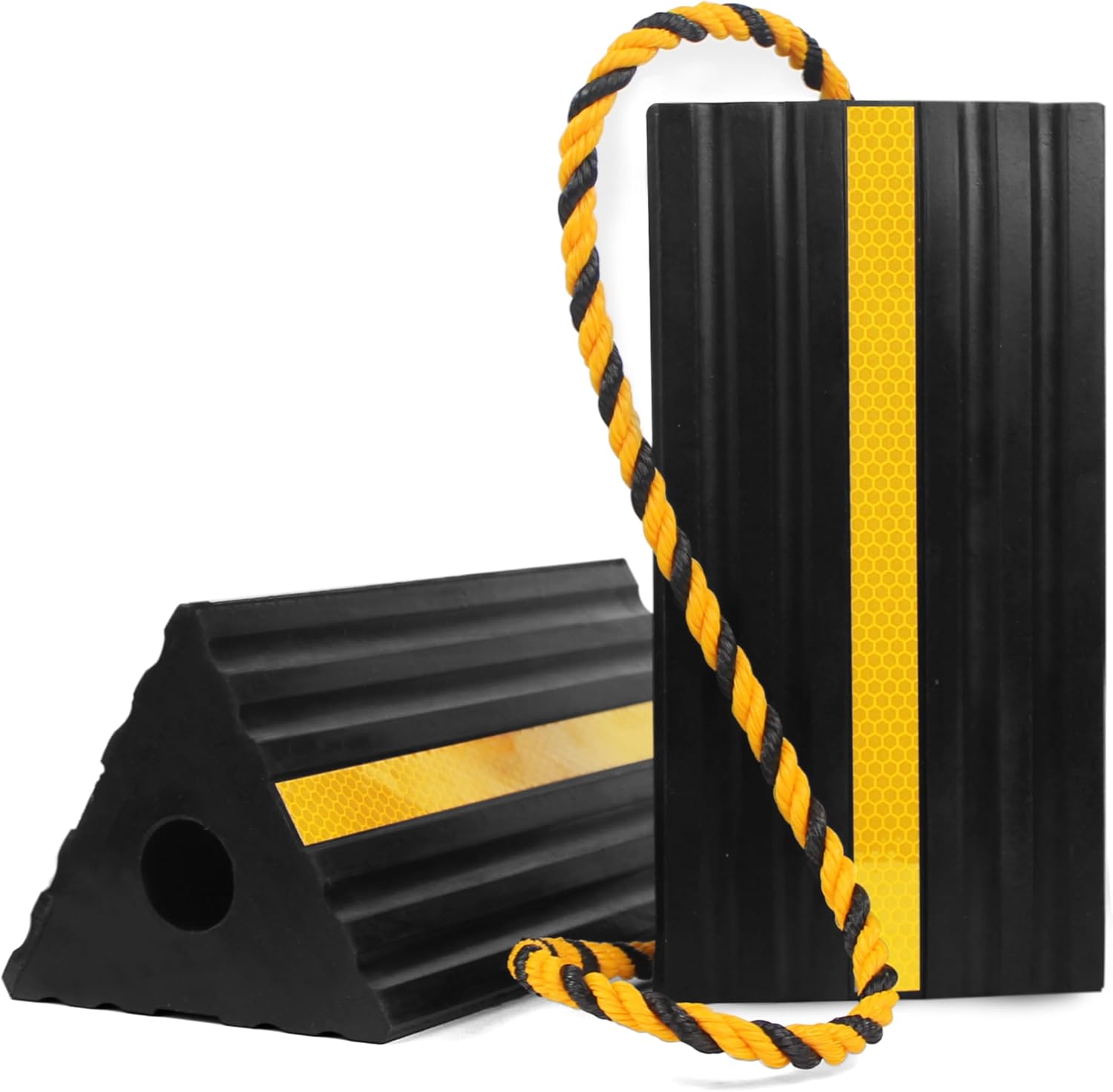 MaxxHaul 50019 Heavy Duty 3-Sided Rubber Wheel Chock with Yellow Reflective Strips and Nylon Rope and Non-Slip Base – 1 Pair