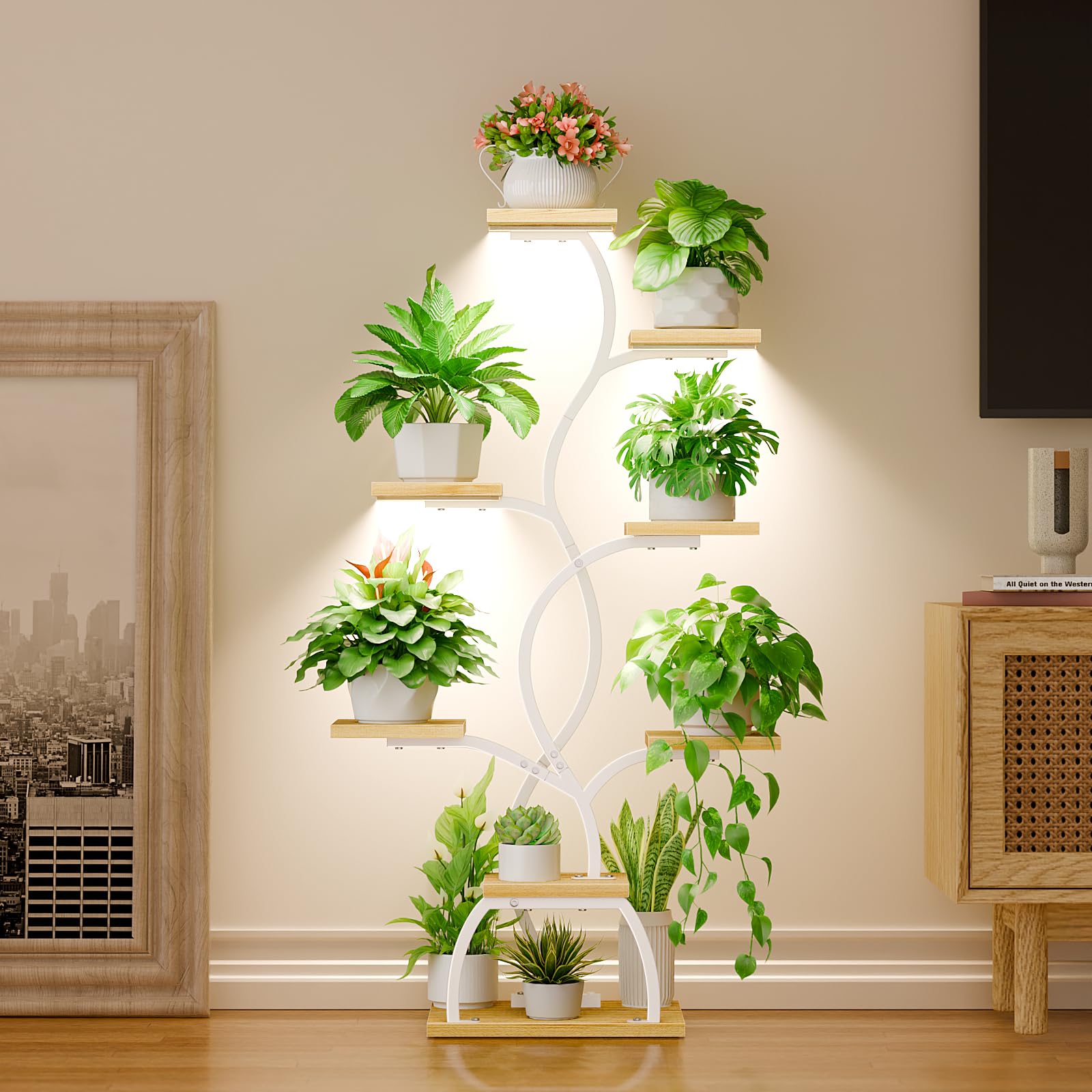 BACEKOLL Soporte para plantas con luz de crecimiento - 8 niveles, soporte para flores de 124 cm, metal y madera, estantería para plantas - Escalera de flores para interior y exterior - Blanco