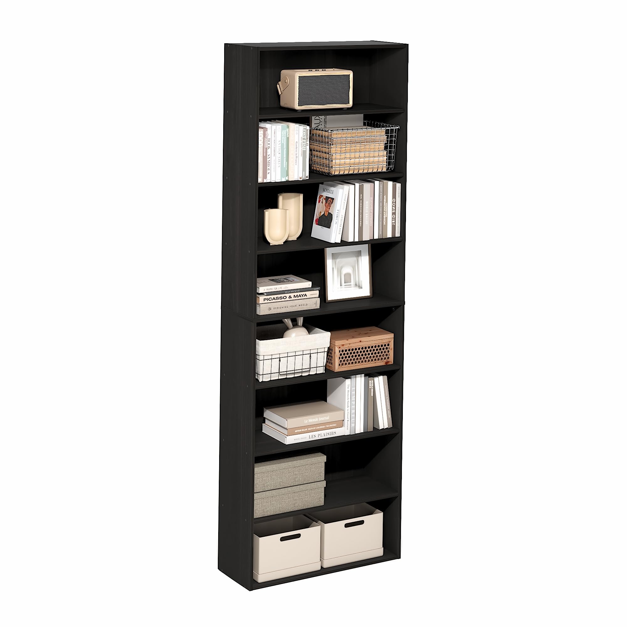 Furinno Basic Book Shelf, 8-Tier Bookcase with Open Shelf, Standing Bookshelf, Cube Storage Organizer, 9 x 24 x 71, for Living Room, Bedroom, Home Office, Espresso