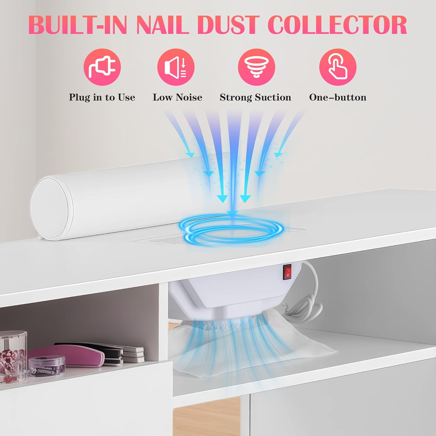Manicure Table Nail Desk with Storage, Professional Nail Tech Desk,with Upholstered Leather Cabinets, Crystal Tufted Modern Nail Salon Desk Table for Beauty Studio