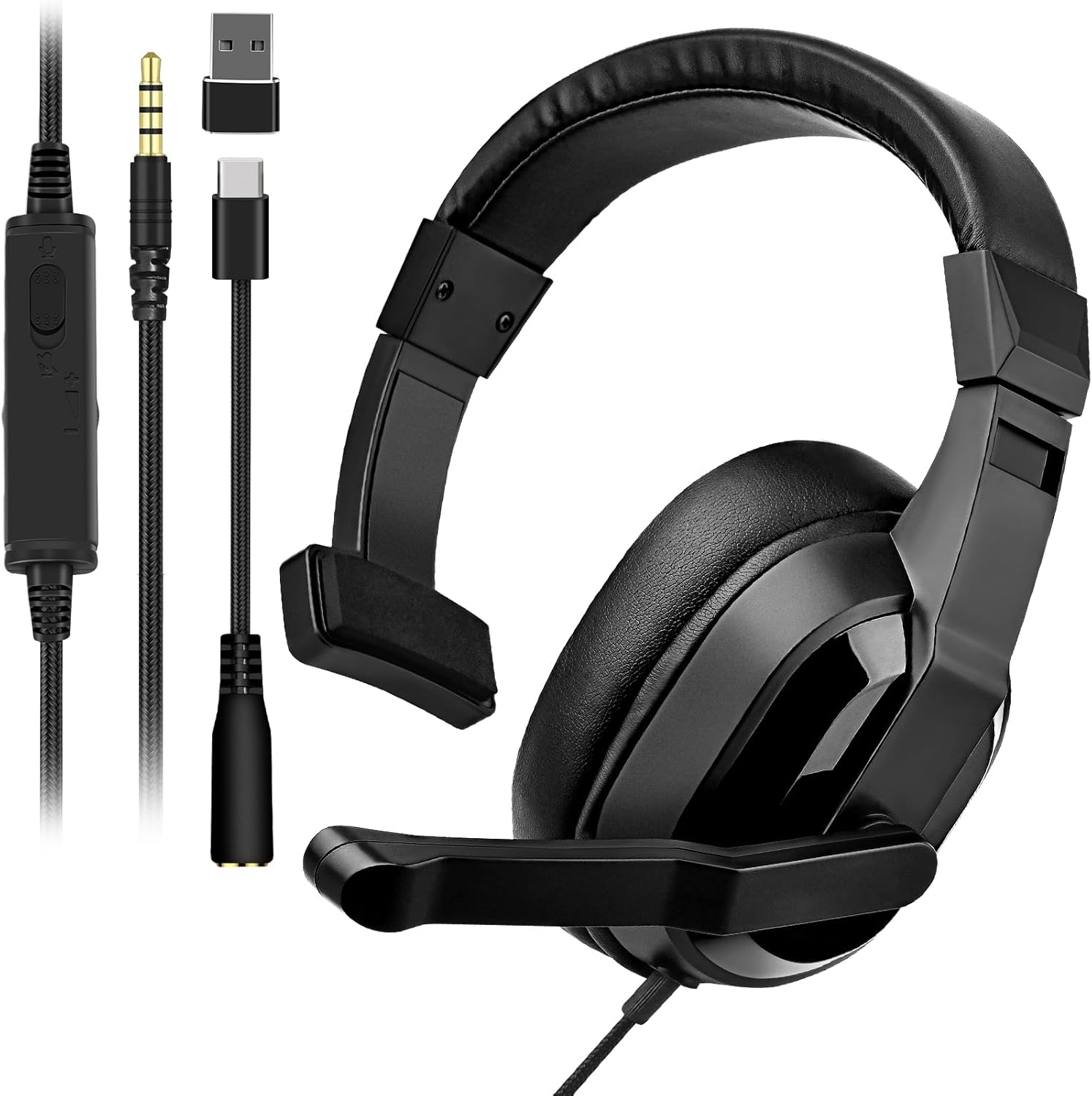 Joso Wired One Ear Headset with Mic, Single Ear Headset for PS5/PS4/Xbox/Switch/PC/iPad/Mac & Tablet with 3.5mm to Type C & USB-A Adapter - Chat Headphone, Office Business, Coach, Gaming, Remote Work