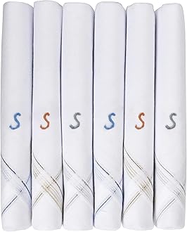 [Caruso Italy] Men's Initial Monogram Embroidery 100% Pure Cotton Handkerchief White Base with Colored Border - 6 Pack 46x46 cm