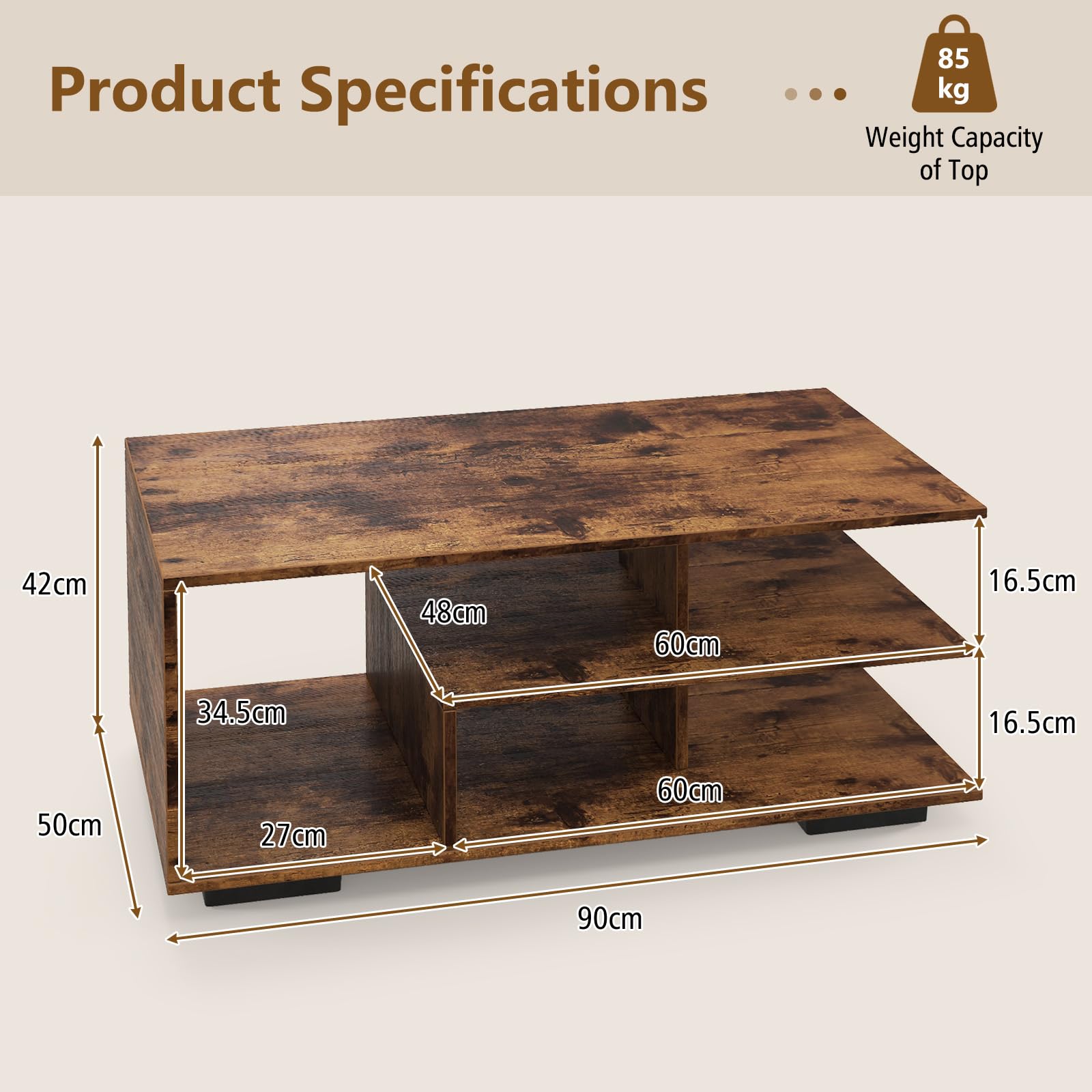 GIANTEX Mesa de Centro con Estantes Abiertos, 90 x 50 x 42 cm, Mesa de Café con Estante Central en Forma de L, Mesa de Té Rectangular de 3 Niveles, para Salón, Oficina (Marrón Rústico)