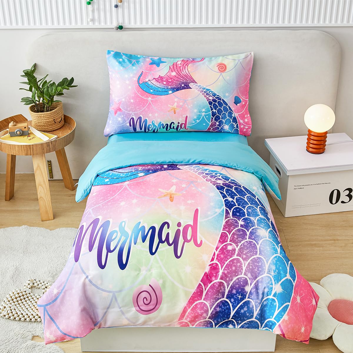 STYHO Toddler Bedding Set for Girls Colorful Rainbow Mermaid Cot Bedding Set Soft Reversible Mermaid Tail Print Toddler Duvet Cover Set(Colorful