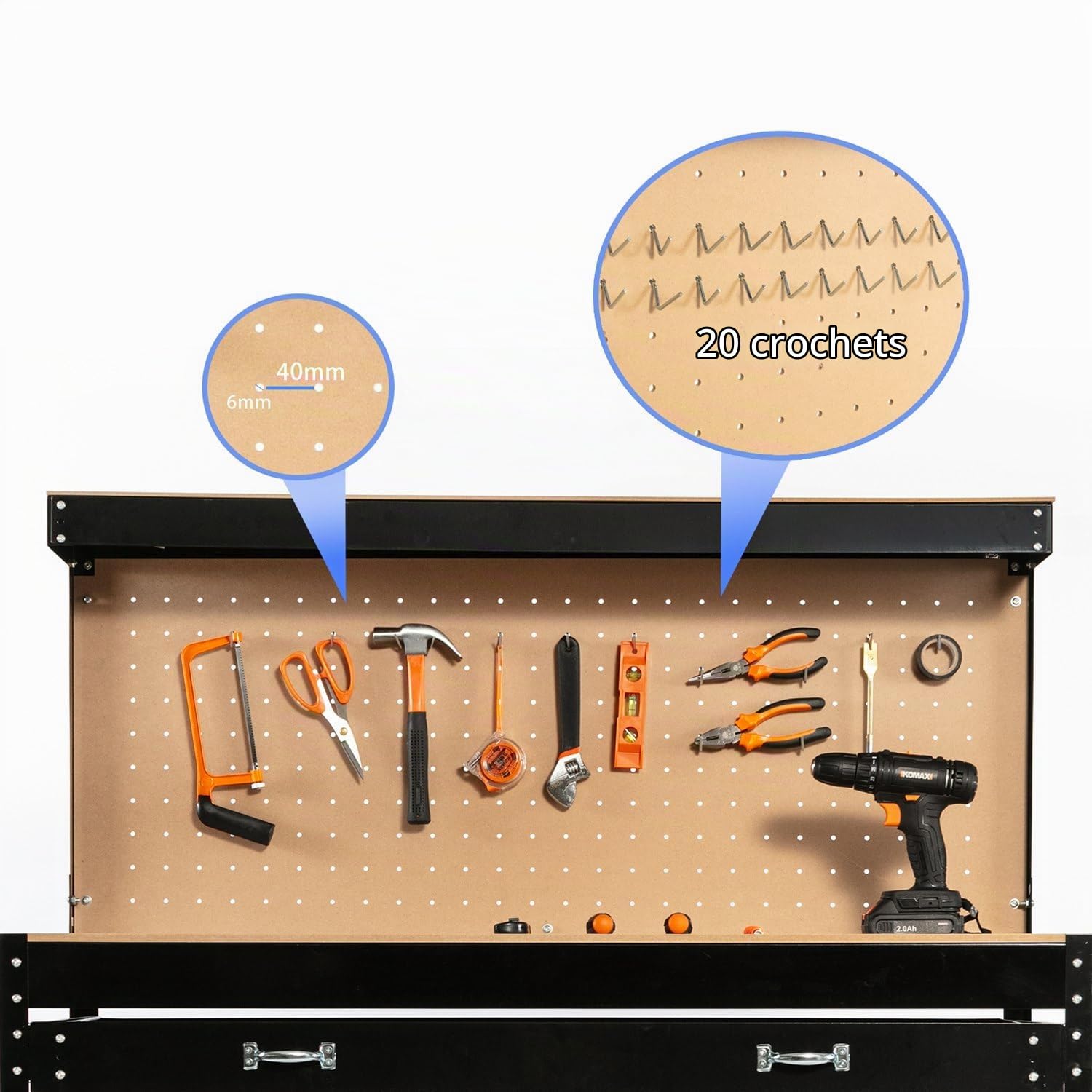 FoxHunter Établi de garage à tiroirs panneau perforé et 12 taquets porte-outils Noir Capacité 150 kg