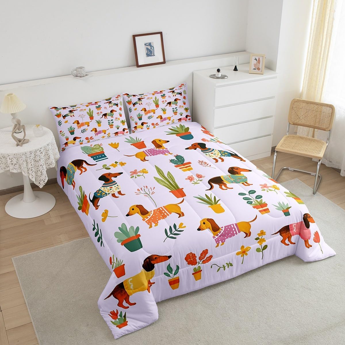 Erosebridal Purple Dachshund Bedding King,Cute Puppy Pet Comforter Set for Kids Boys Girls,Kawaii Sausage Dog Quilt,Watercolor Floral Down Comforter Gifts for Dog Lovers,Soft Lightweight