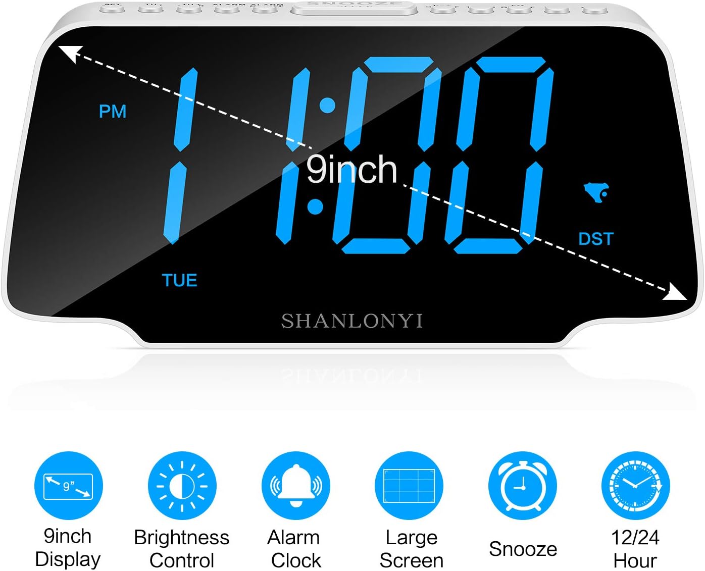 Best Deal 🛒 SHANLONYI Loud Alarm Clock Radio with 9 Inch Blue LED Display for Bedroom, 3 Dimmer, Snooze, FM Radio, 12/24H, Auto DST, USB Chargers, Battery Backup for Kids, Heavy Sleepers, Elderly