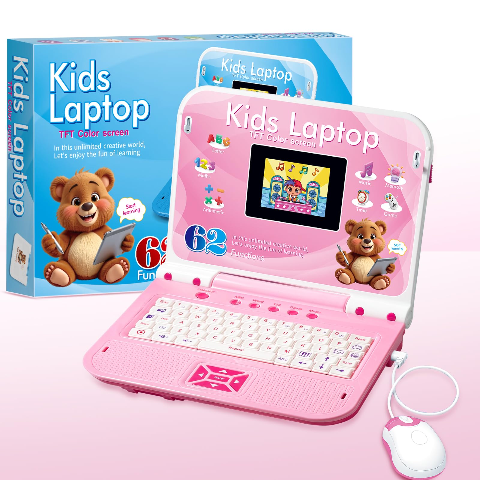 Ordinateur Enfant Portable Anglais : Écran Couleur, 62 Activités (Mots, Mathématiques, Jeux), Souris - Jouet Fille 5 Ans