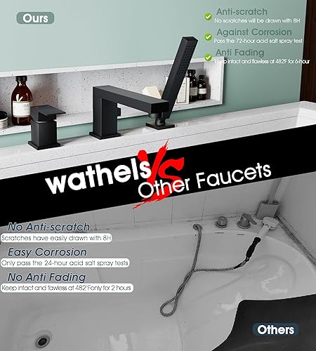 Miniatura 4 de Wathels Grifo de bañera contemporáneo de latón macizo romano con ducha de mano, juego de 3 agujeros (cromado)