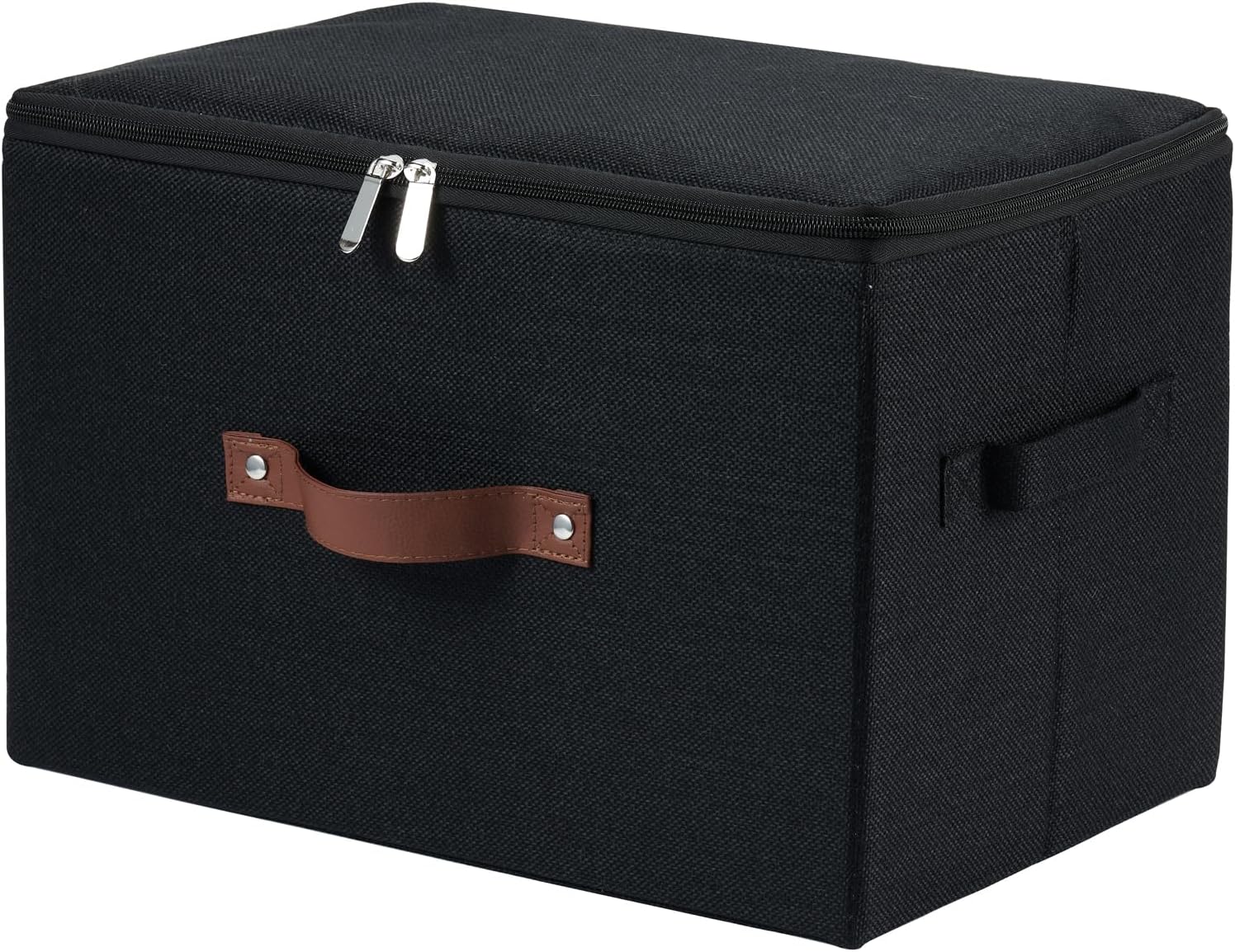 Storage Bins with Zipper Lid Cotton Linen Fabric Lidded Storage Baskets Boxes Foldable Washable Closet Shelf Clothes Organizer Container with PU Leather Handles (Black, Large Size) Large ( Set of 1 ) Black