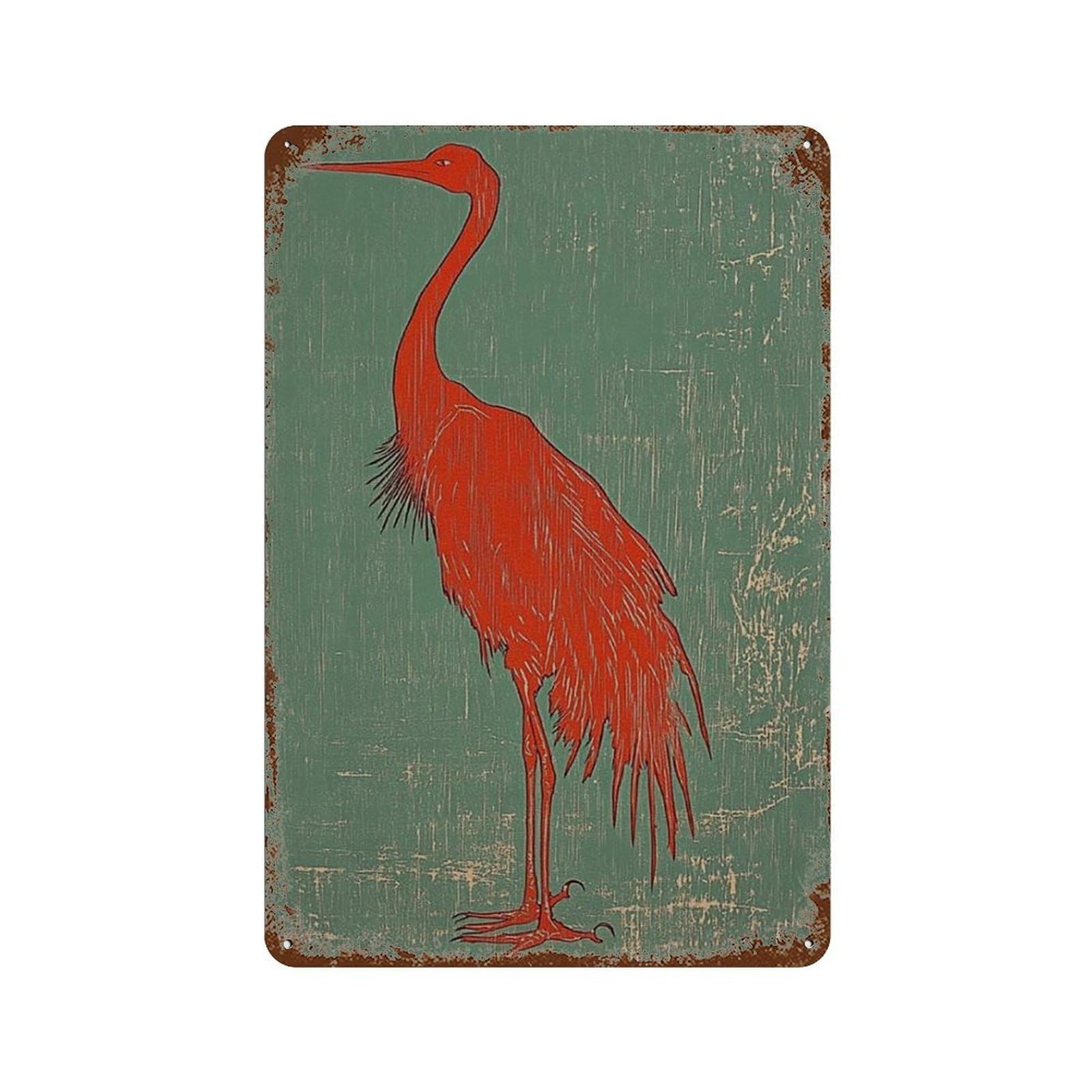 xiaoxiaoshen Red Crane Japanese Bird Oriental Green Background Work Minimal Nature Wall Decor Art Metal Tin Poster Modern Home Decor Art Home Bar Shop Decorations Vintage Sign 30x20cm