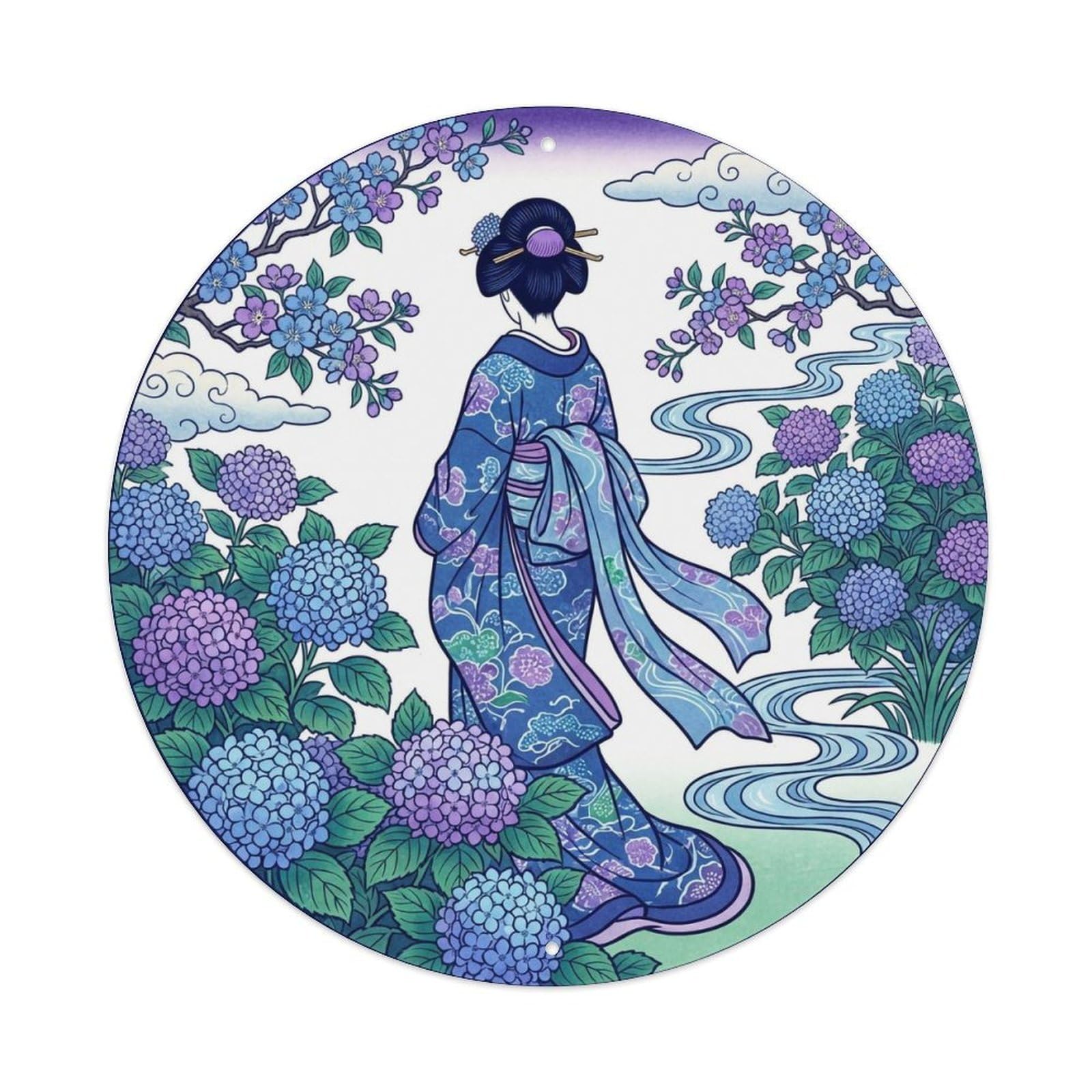 Yrnq 8X8inch Vintage Style Japanese Geisha Hydrangea Garden Blue Purple Flowers Metal Tin Sign