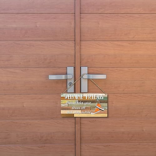 Miniatura 5 de Letrero colgante de madera con texto en inglés "Welcome Friends" para puerta delantera, con texto en inglés "Please Take Your Shoes Off and Stay