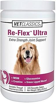 Vet Classics Re-Flex Ultra Extra-Strength Joint Support Dog Supplement Includes MSM, Creatine, Glucosamine, Green Lipped Mussel Supports Healthy Dog Joints Chewable Tablets 120 Ct.