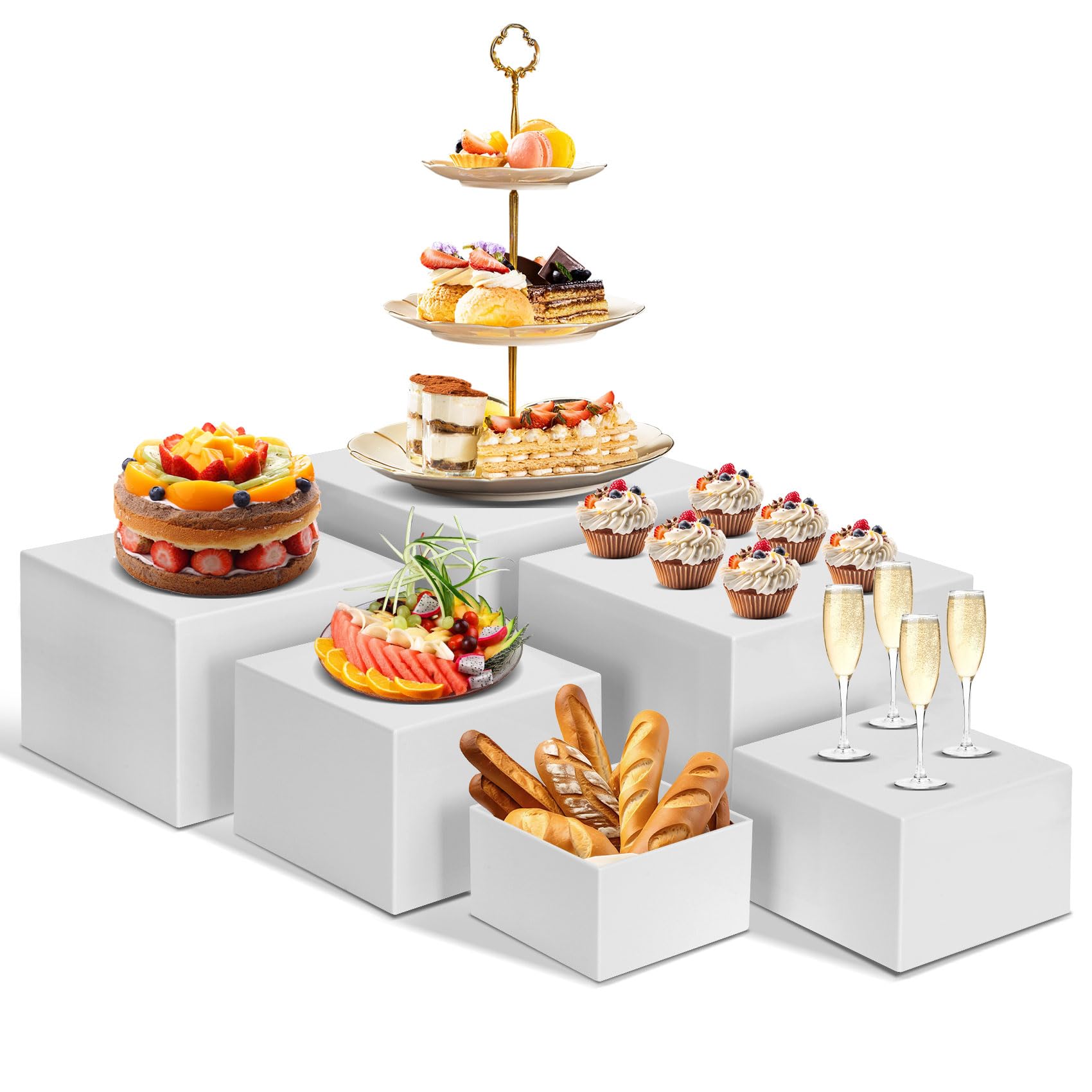 Photo 1 of Redants 6 PCS Buffet Risers, Large Food Risers for Buffet Table, Food Display Risers for Party, White Acrylic Boxes Dessert Table Display Set, Risers Display Stands (Size 10" 9" 8" 7" 6" 5", White)