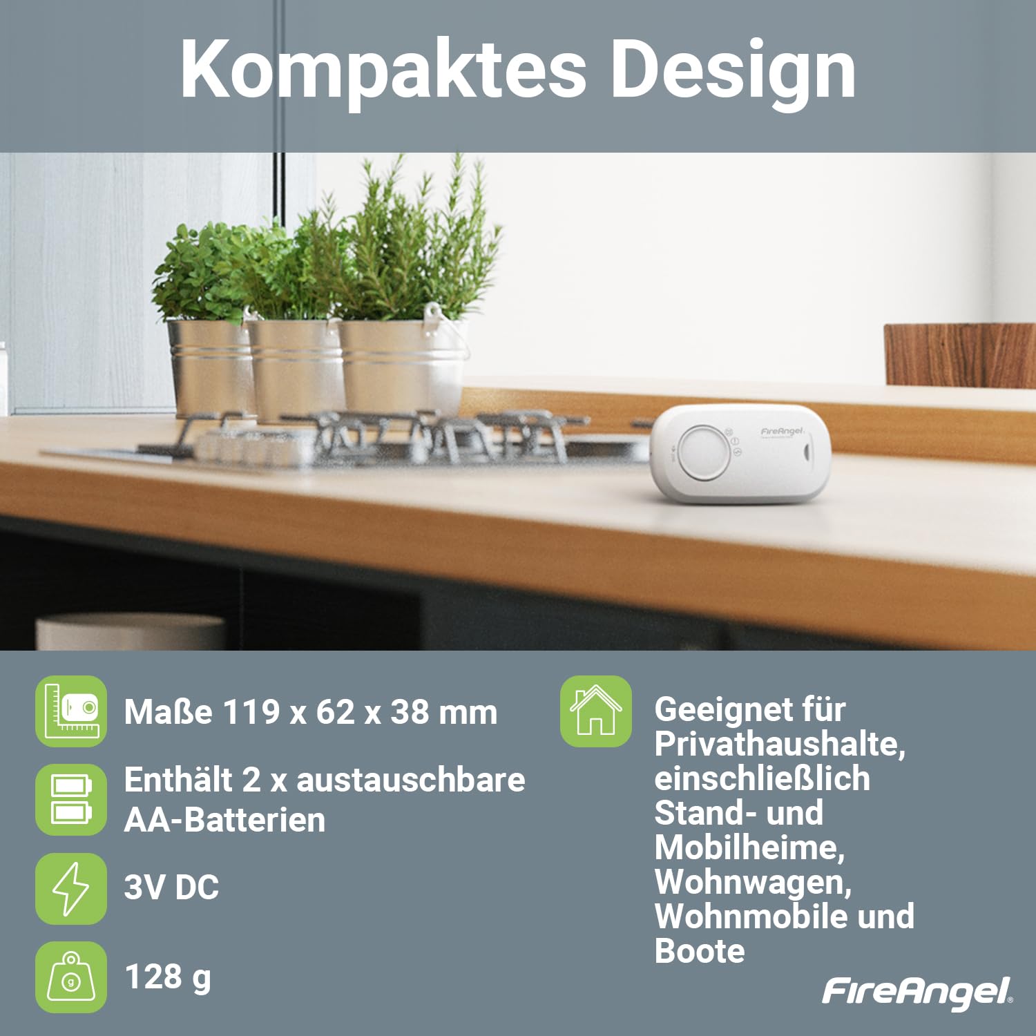 Fire Angel Kohlenmonoxidmelder und Alarm - FA3313 Sensor mit 10 Jahren Lebensdauer - CO Melder für Zuhause - Austauschbare Batterie, 1 Jahr Laufzeit - Reise CO Warner und -Monitor - Weiß