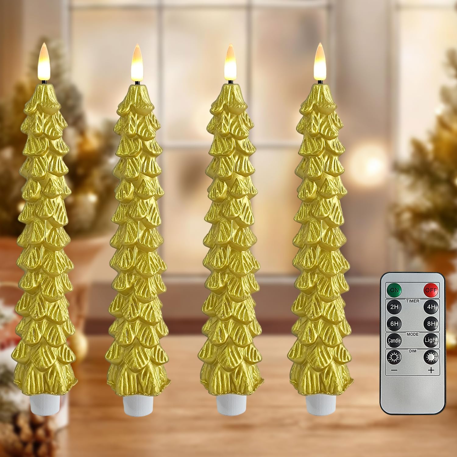 Gold Christmas Trees Flickering Flameless Candles with Remote and Timer, Real Wax 3D Flame Wick LED Candles, 9.8 Inch Battery Operated Candles for Christmas Home Decoration，4PCS