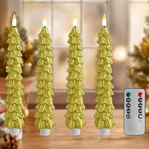 Miniatura 18 de Velas sin llama parpadeantes de árboles de Navidad de color verde oscuro con control remoto y temporizador, velas LED de cera real con mecha