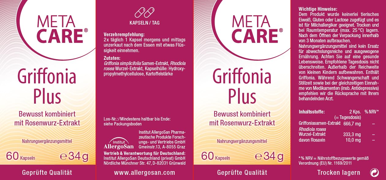 Griffonia Plus | Bewusst kombiniert mit Rosenwurz-Extrakt | 60 Kapseln | VEGAN