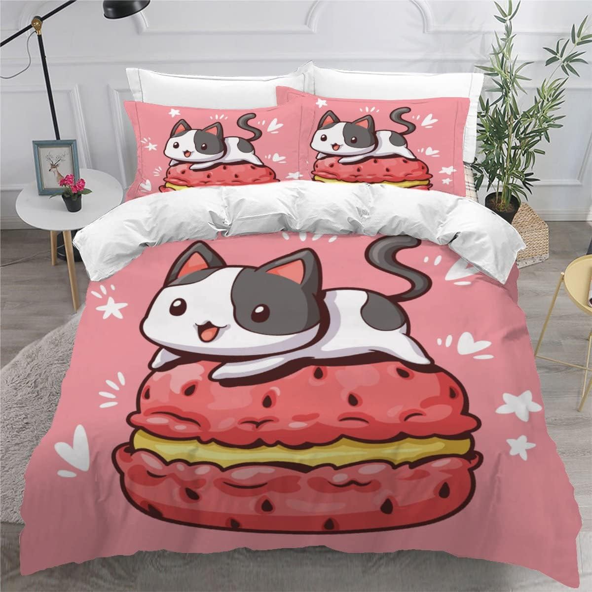 MEVASA Super King Size Duvet Cover Kitten Pink Cat Bedding Ultra Soft Luxury Quilt Cover with Zipper King Size Bedding Sets 3 Pieces Easy Care 3D Comforter Cover /260x220