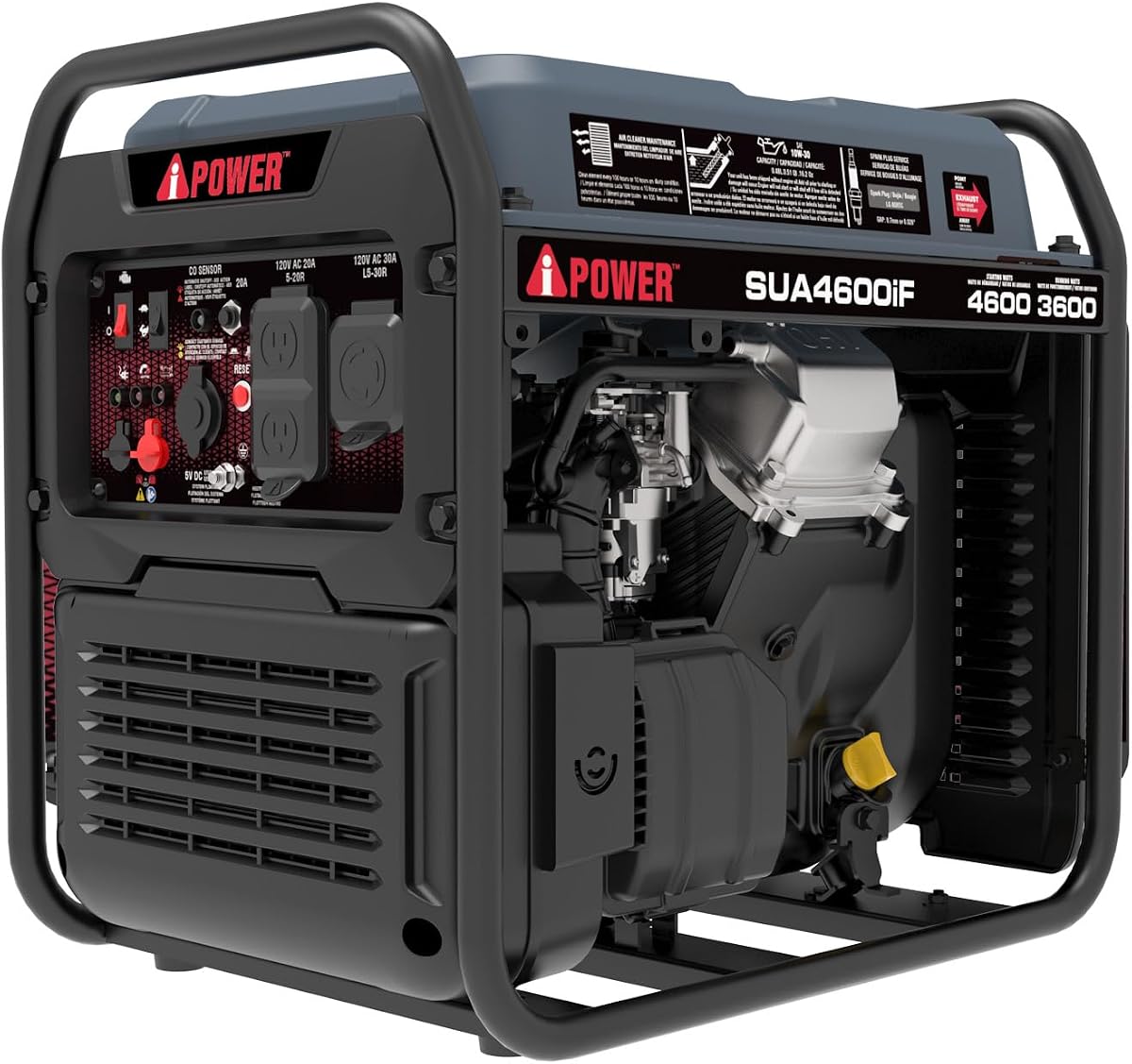 4600W RV-Ready Quiet Portable Inverter Generator Gas Powered, Ultra-lightweight Open Frame Power Supply for Tailigating/Home Backup, CO Sensor