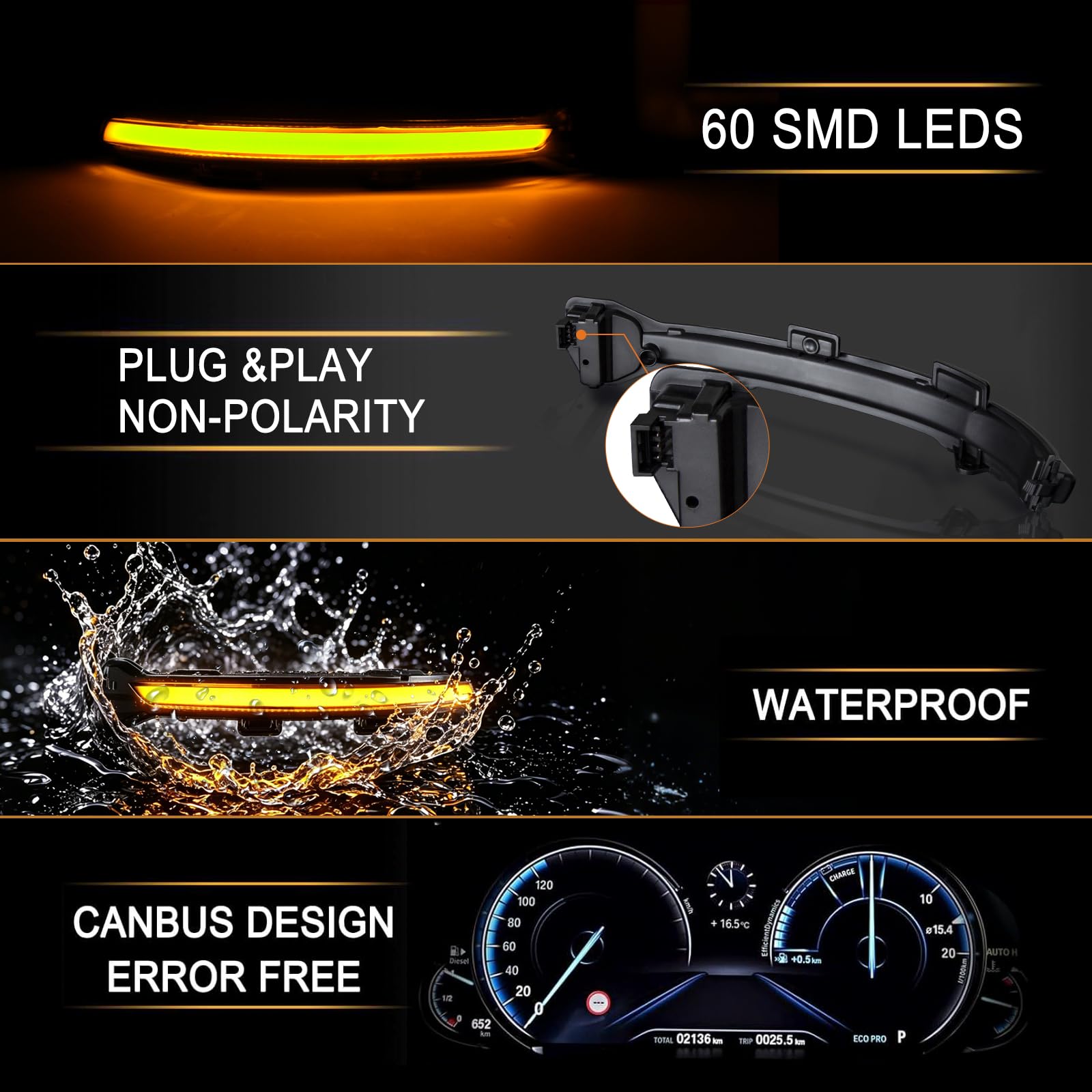 LED Spiegelblinker für VW E-Golf Golf 7 Limousine ariant Golf | 2 Stück LED Blinker mit Canbus Fehlerfrei, Schwarz