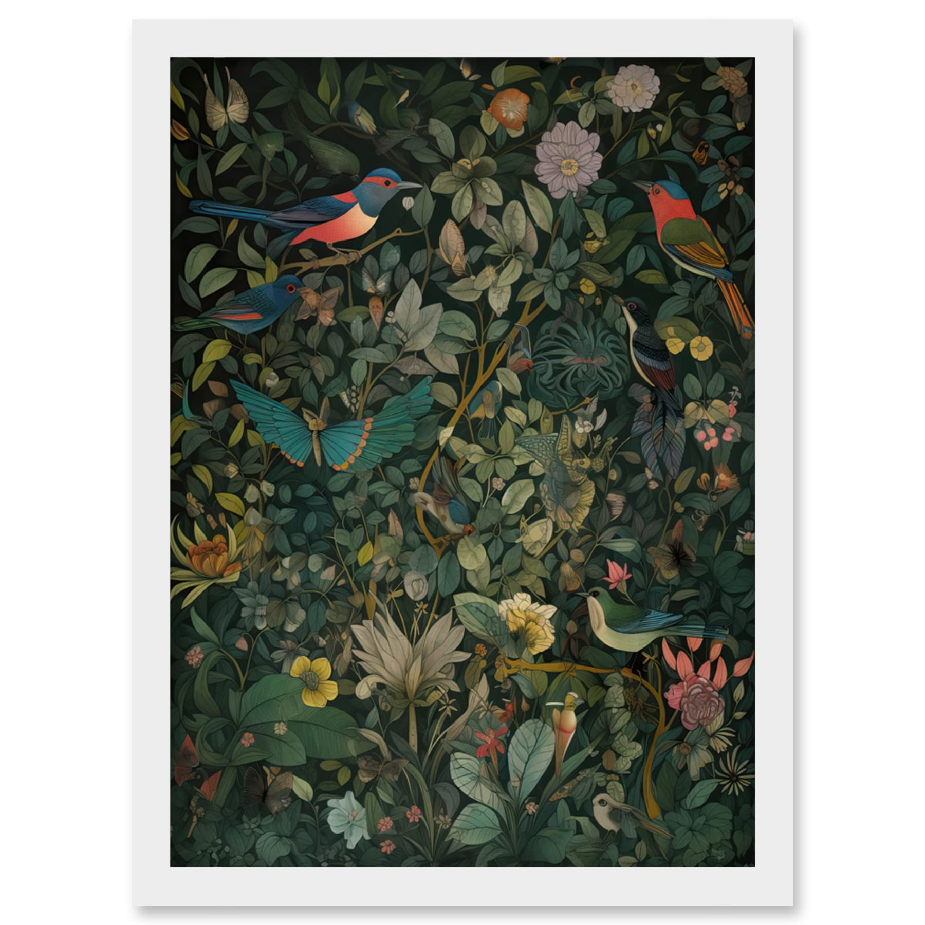 Artery8 Butterflies and Birds on Flowering Shrub Folk Art Artwork Framed Wall Art Print A4