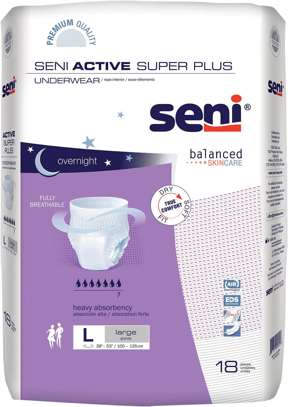 Seni Active Super Plus Unisex Adult Incontinence Underwear, Heavy Absorbency, Pull On Disposable Overnight Underwear for Men & Women (Large, 72, Count)