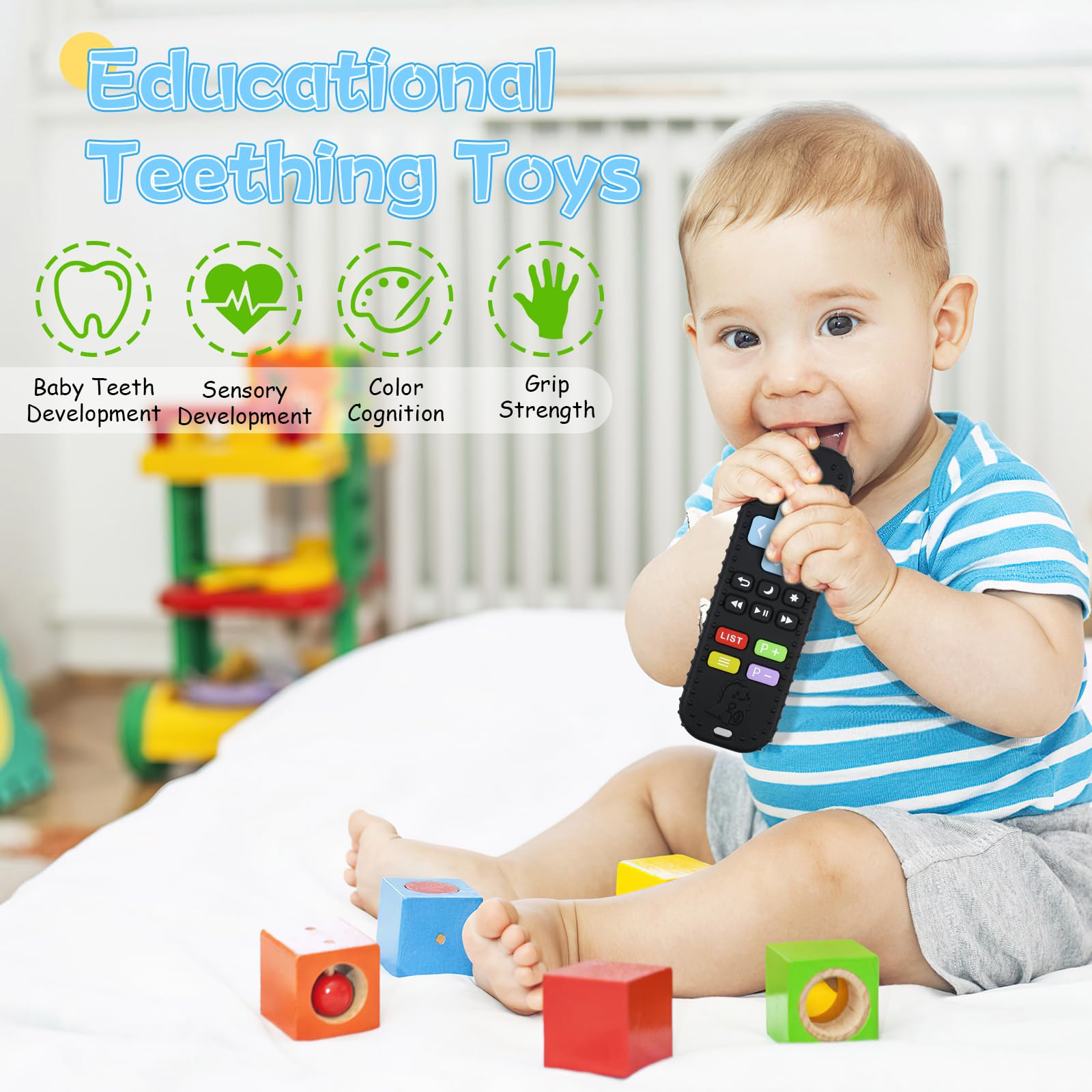 Beißring Baby Fernbedienung Spielzeug - Silikon Zahnungshilfe Schwarz, BPA-frei Ab 3 Monaten