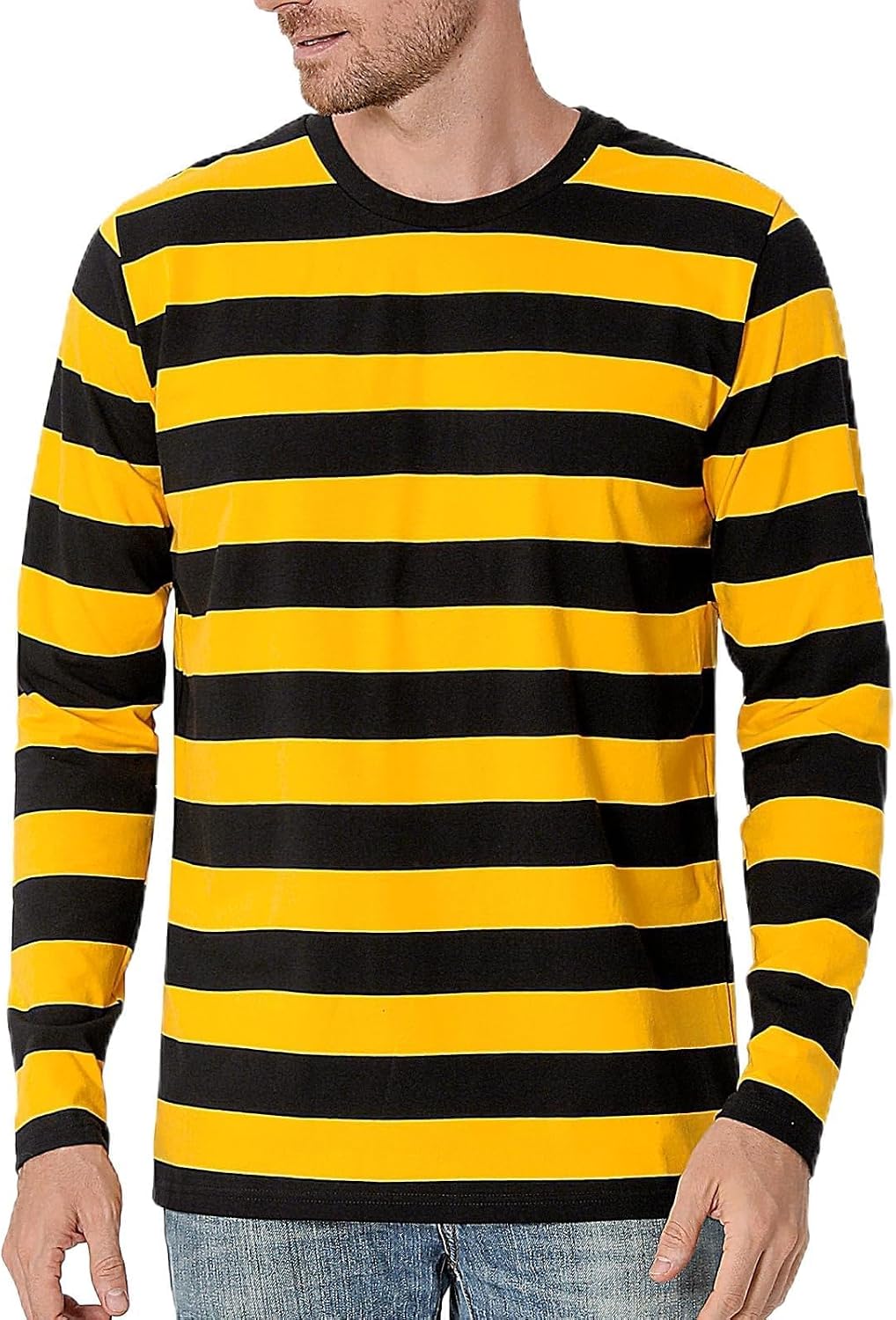 Funny World Men's Striped T-Shirt Crewneck Long Sleeves Basic Casual Top