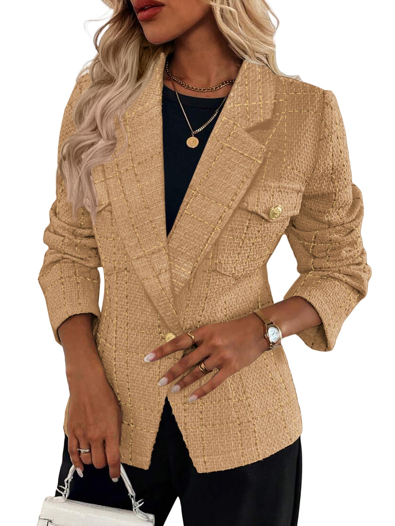 Mina Self 2025 Fall Womens Tweed Blazer Plaid - Slim Fully-Lined Fashion Casual Elegant Work Office Suit Jacket