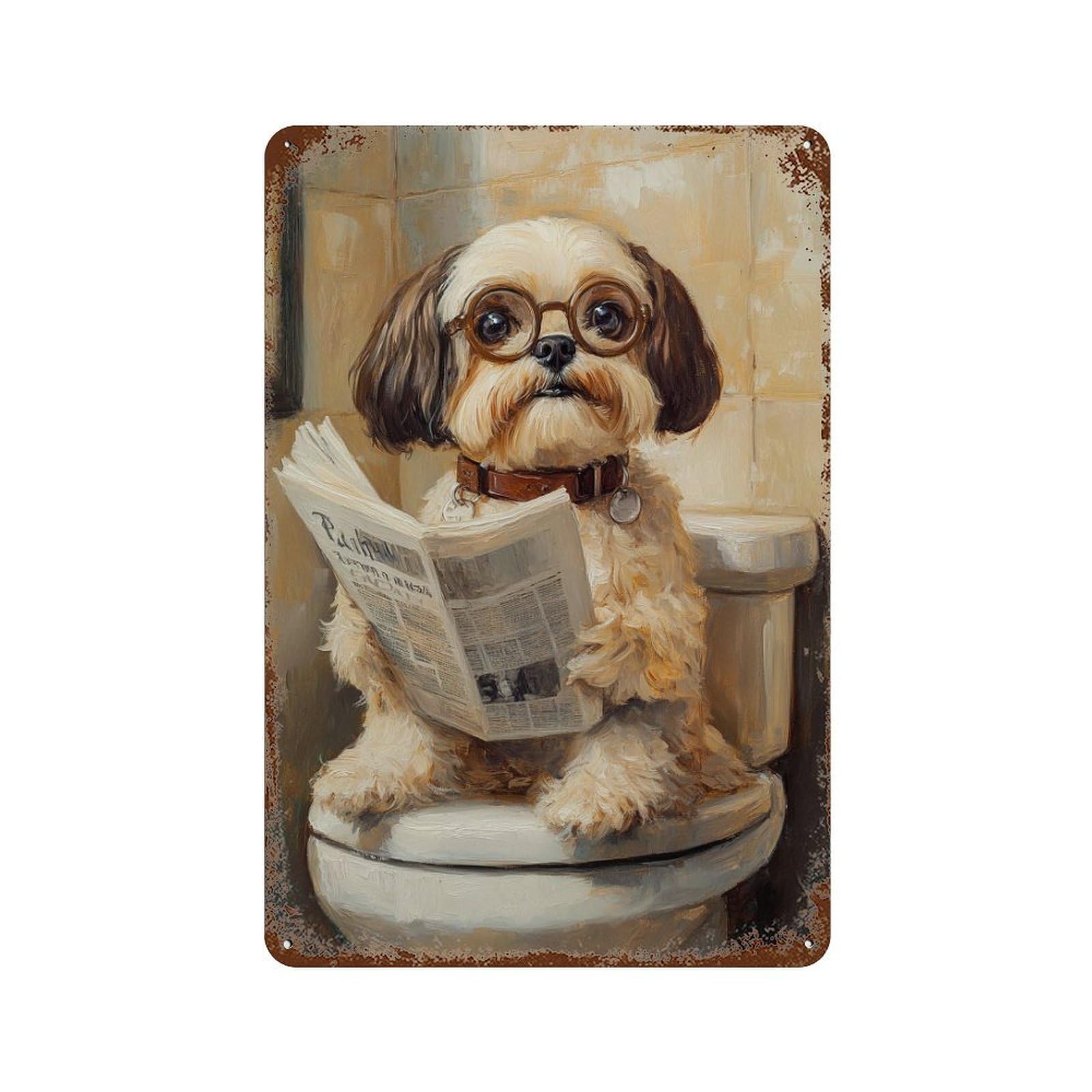 Dog Reading Newspaper on Toilet-60 Rust Effect Tin Sign 11.8"x7.9", Farmhouse Wall Decor for Bistro, Counter And Cafe Decor