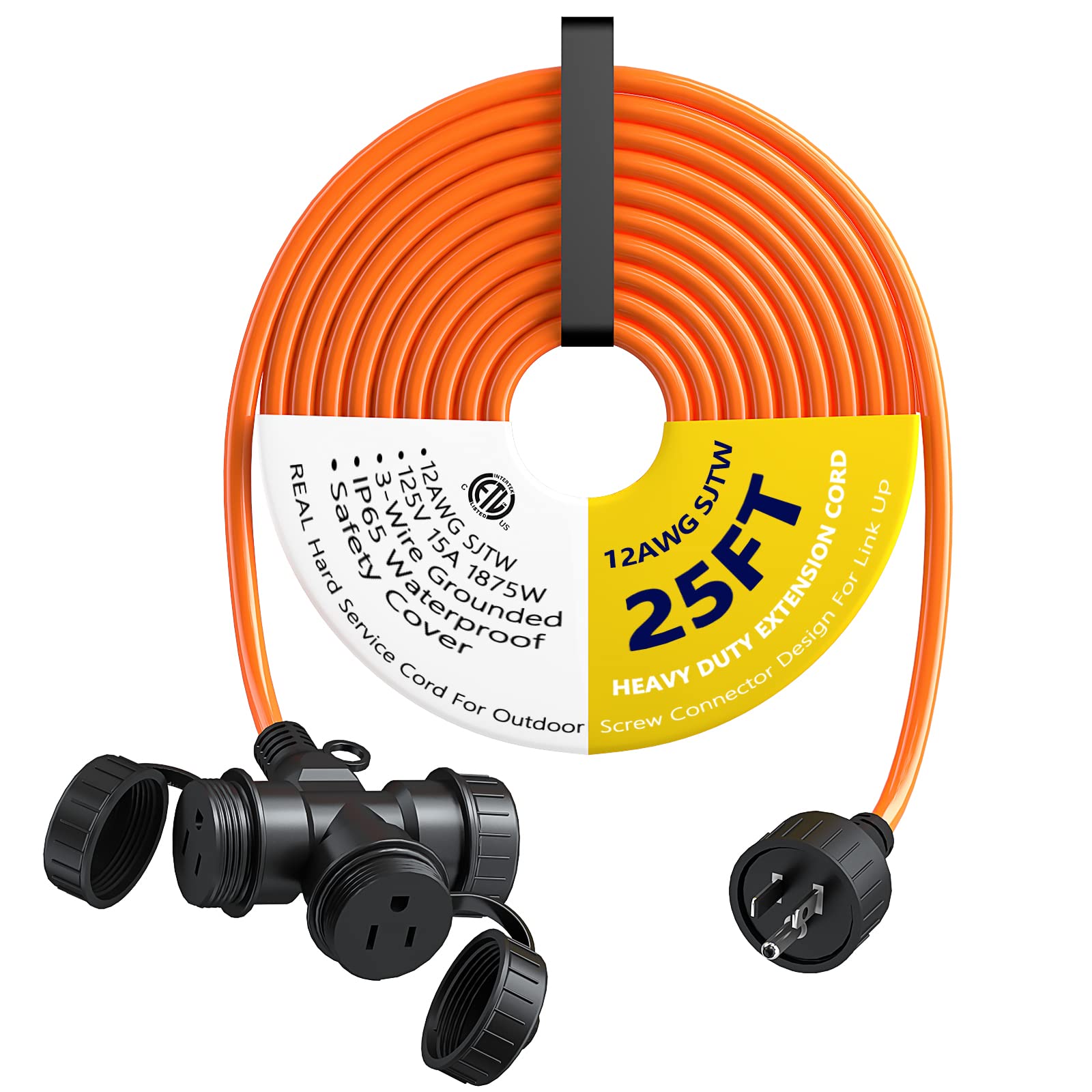 25FT 12AWG Heavy Duty Extension Cord with 3 Outlets, Outdoor Weather Protection Extension Cord with Safety Cover, Velcro Tape Included, SJTW 15Amp 1875W, Orange Color, ETL Listed, Stright
