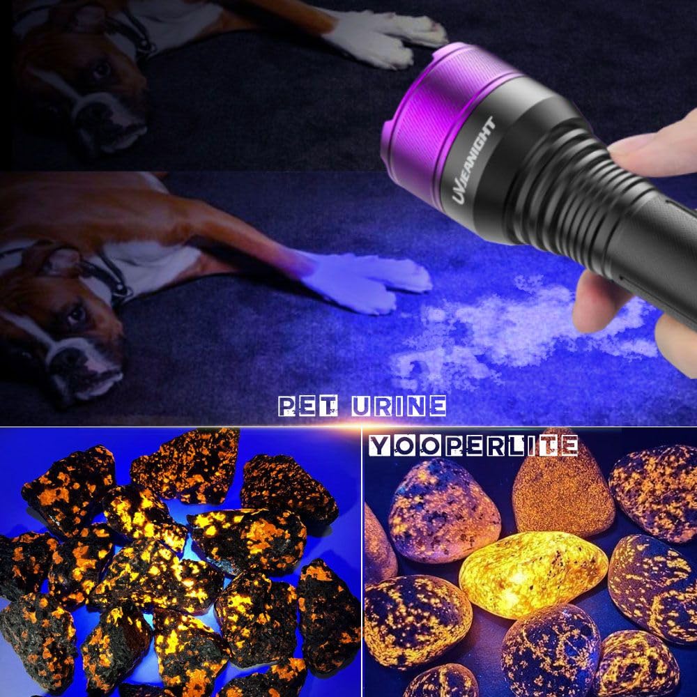 Linternas de luz negra de 365 nm, luz negra UV recargable con LED filtrados para caza de yooperlita, detección de orina de mascotas, resinas, escorpiones, fugas de automóviles