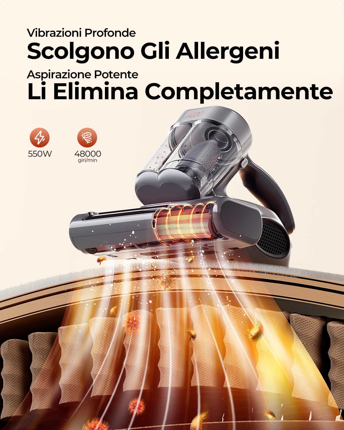 JIGOO J300 Pro Aspirapolvere per Materassi ad Mano-Battimaterasso Antiacaro con 550W, UV-C e Calore 60 C | Elimina il di Acari, Allergeni e Peli di Animali | Tecnologia a Infrarossi e Profumo Fresco
