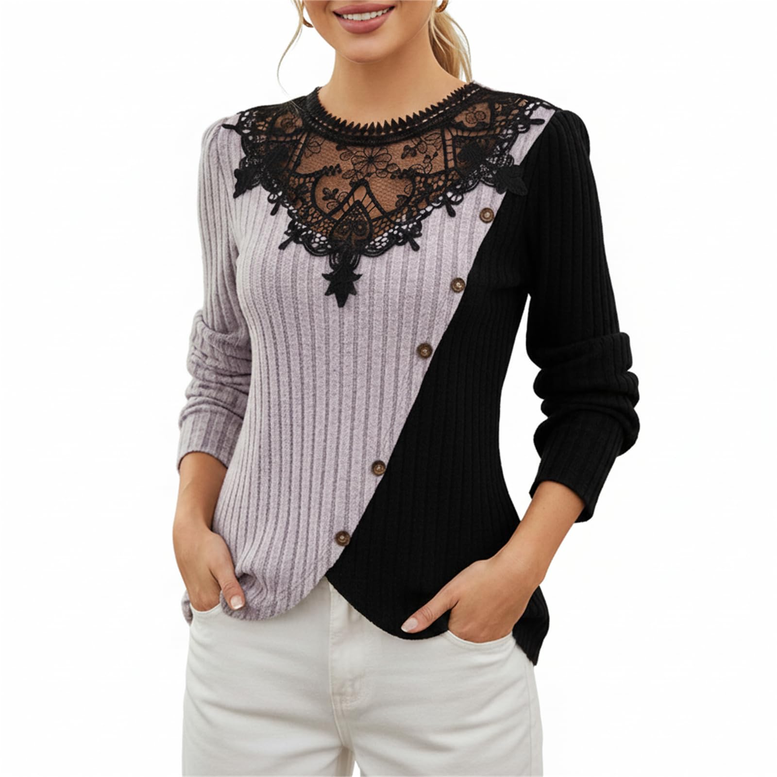 Womens Colorblock Ribbed Tunic Sweater Lace Crew Neck Long Sleeve Button Detail Irregular Hem Pullover Top