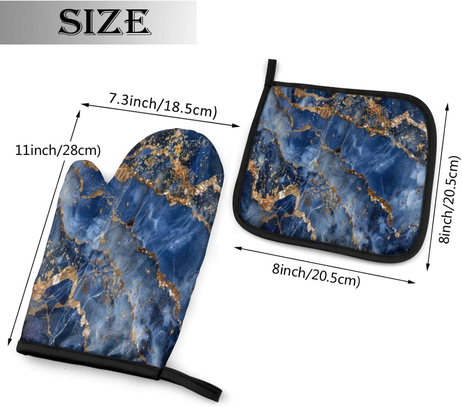 Perinsto Blue Gold Marble Print Oven Mitts & Pot Holders Kitchen Set Heat Resistant Decorative Cooking Gloves Microwave Oven Gloves for Baking Grilling BBQ
