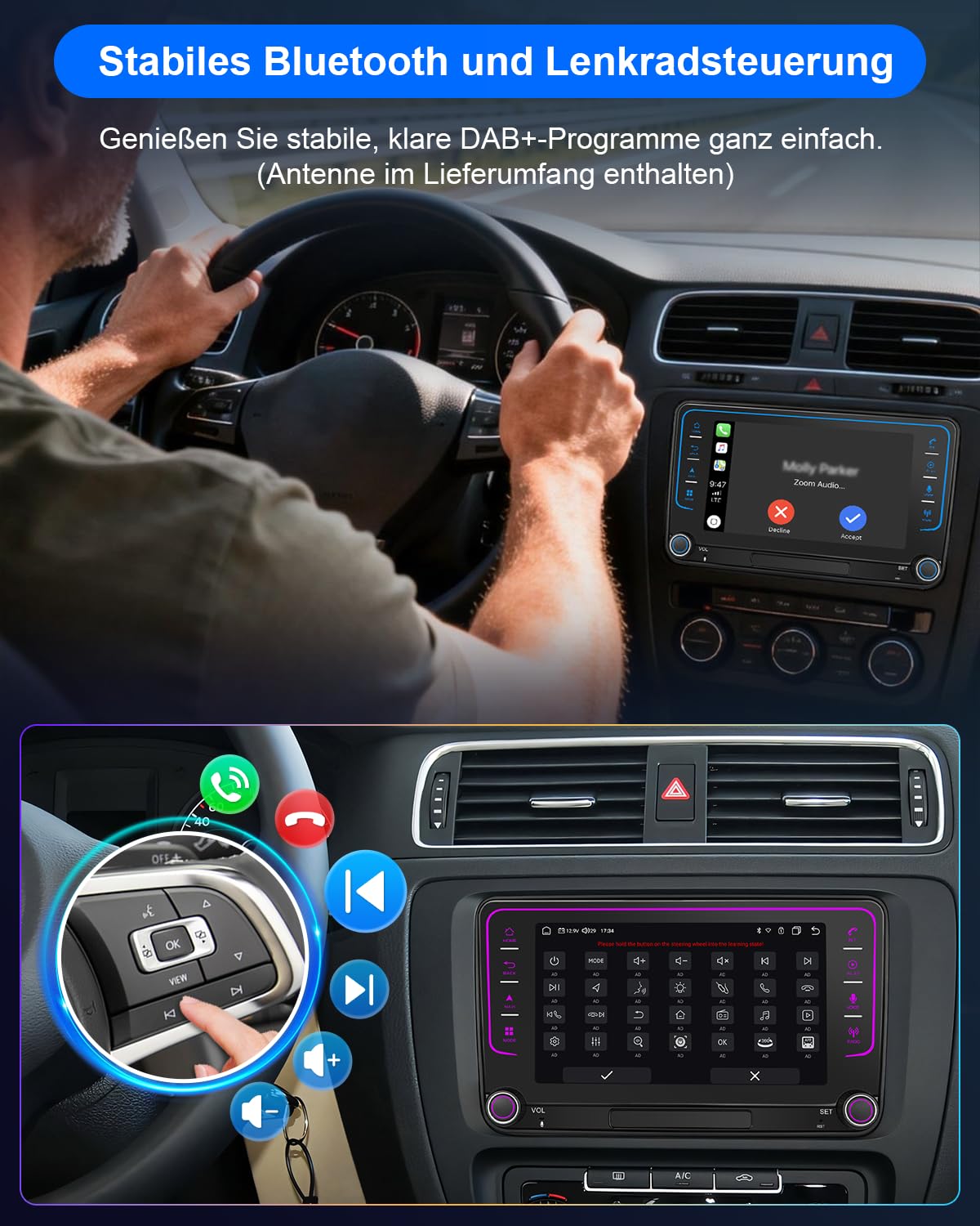 Autoradio mit Bildschirm für VW Golf 5 6 T5 Passat Polo 6R Tiguan Seat Skoda, 7 Zoll VW Caddy Radio 2Din mit Apple CarPlay Android Auto Mirrorlink DAB+ Navi Bluetooth WLAN Canbus GPS 8-Kern 4+64GB