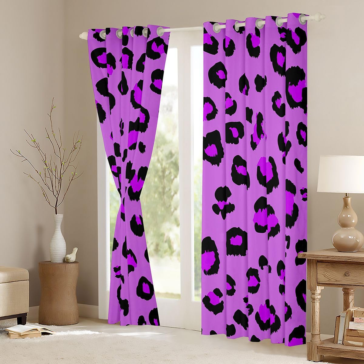 Homewish Geometryczne zasłony zaciemniające 168 x 183 cm – zasłony z oczkami geparda do salonu sypialni – imitacja dżungli, nadruk zwierzęcy, zasłony okienne, 2 panele, lampard, afrykańskie fioletowe