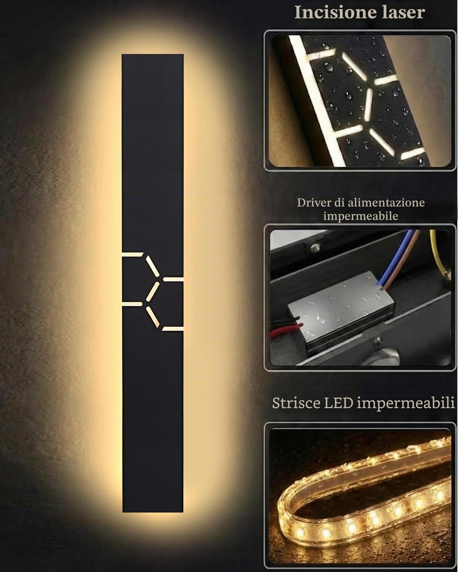 LED Applique da Parete Esterno/Interni, Nero IP65 Moderne Villa Lampada da Parete Esterno, Alluminio Esterne Parete per Giardini, Terrazze, Camere da letto, Salotti, 60 * 8CM/20W Luce Calda