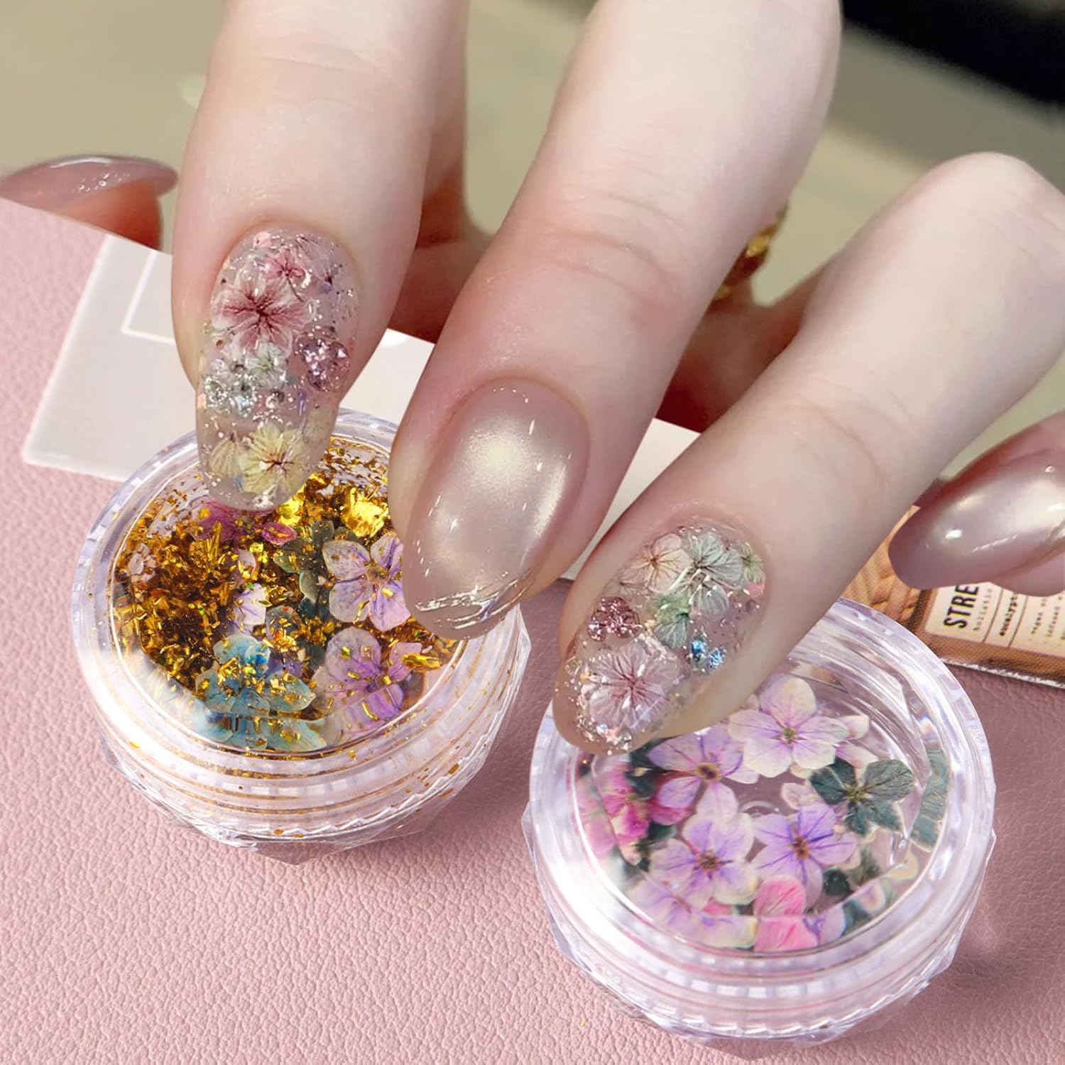 Flower Nail Art Glitters Sequins Floral Nail Glitter Gold Foil Nail Stickers Flakes Nail Stickers Nail Art Sticker Decals 5D Exquisite Dried Flowers Pattern Nail Decoration Accessories 1 Round Box