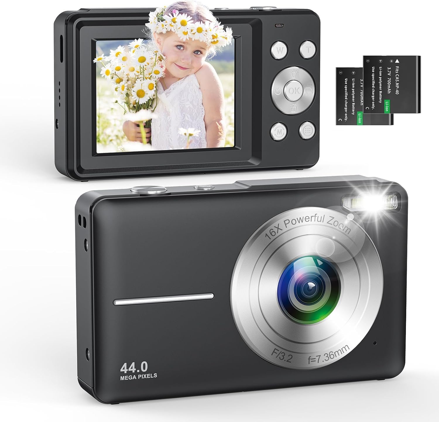 Digitalkamera 1080P 44MP Fotoapparat mit 2,4" LCD-Bildschirm 16-fachem Digitalzoom Bildstabilisierung Vlogging-Kamera für Kinder