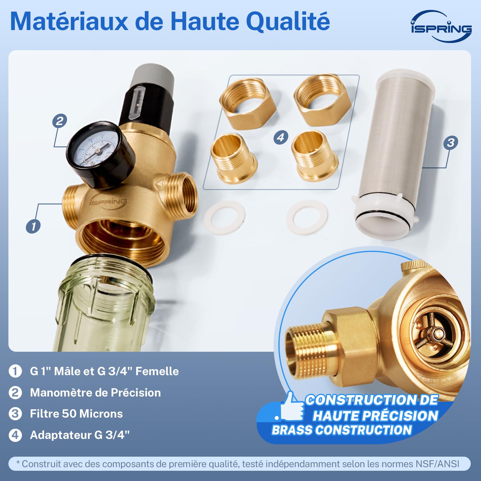 iSpring WSP50PRG Préfiltre à Sédiments 3/4''-1'' avec Régulateur de Pression, Filtre à Eau Réutilisable pour Toute la Maison, Laiton sans Plomb, Préfiltre Rinçable de 50 Microns