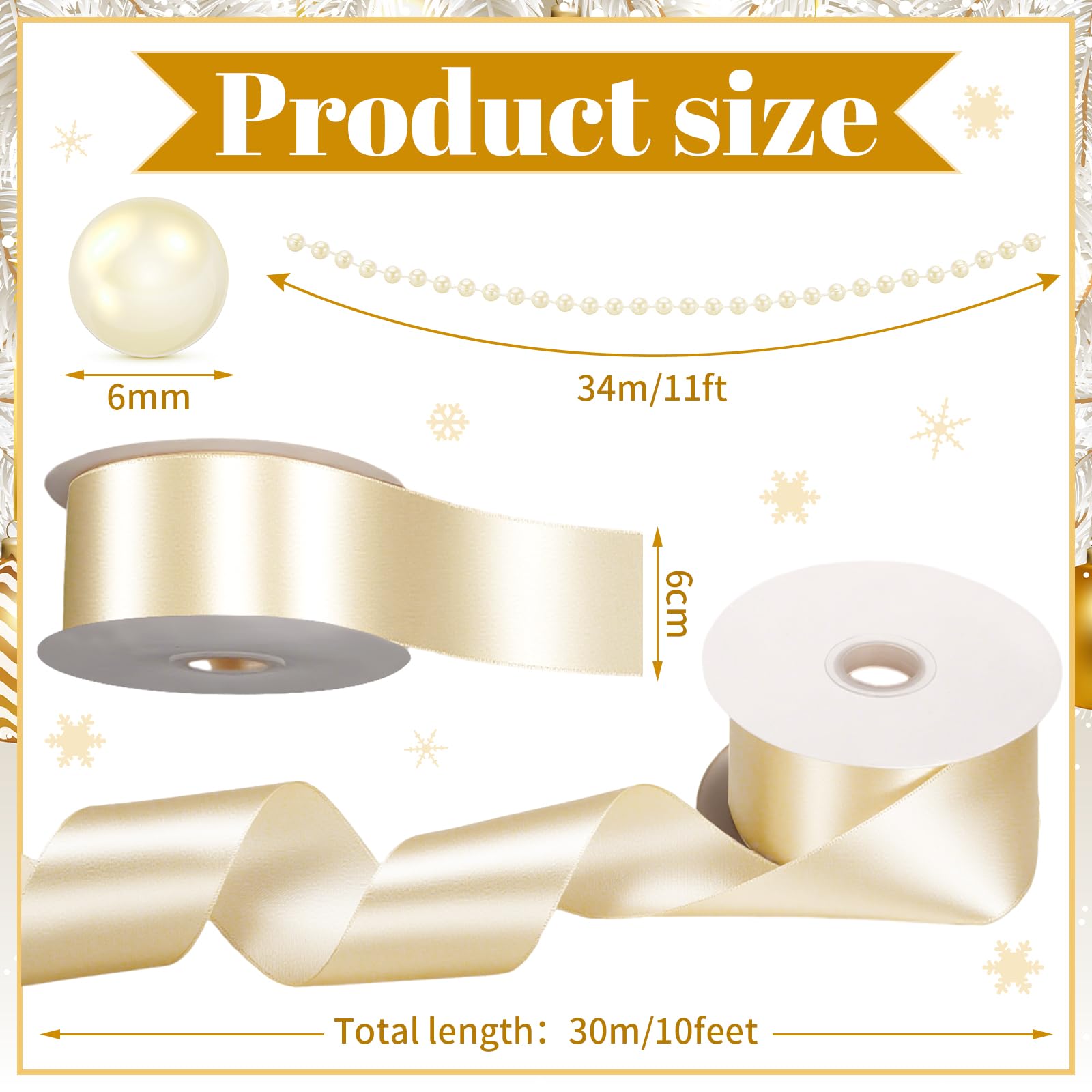 Chuangdi Lot de 2 rubans en satin champagne pour sapin de Noël, 29,9 m, perles blanches, 34,1 m et 5,9 cm pour loisirs créatifs, sapin de Noël, nœud, couronne, emballage cadeau, décoration de fête